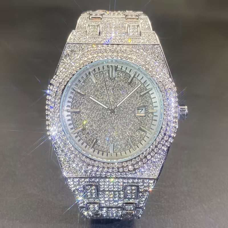 MISS FOX Glam Quartz Watch for Men & Women - Hip Hop Cuban Link, Luminous Calendar with Rhinestone Accents, Alloy Band