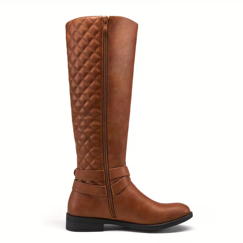 Women's Riding Knee High Boots, Buckle Strap Quilted Side Zipper Long Boots, Comfortable Outdoor Flat Boots