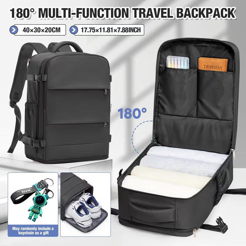 [Women'S Backpacks]15.75*9.84*7.87inch Nylon Travel Backpack, Multi-Functional, 180° Open Design, with Shoe Compartment & Trolley Sleeve, Laptop Sleeve, No Printing, Hand Wash Or Professional Dry Clean, Mixed Color, Carry-On Approved, for Men & Women