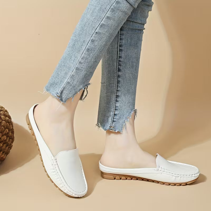 New Spring/Summer Closed-Toe Half-Slip Mule Slippers for Women, Hand-Stitched, Glossy Finish, Flat Slip-On Loafers, Half-Slip Women's Shoes 81809, Women Shoes