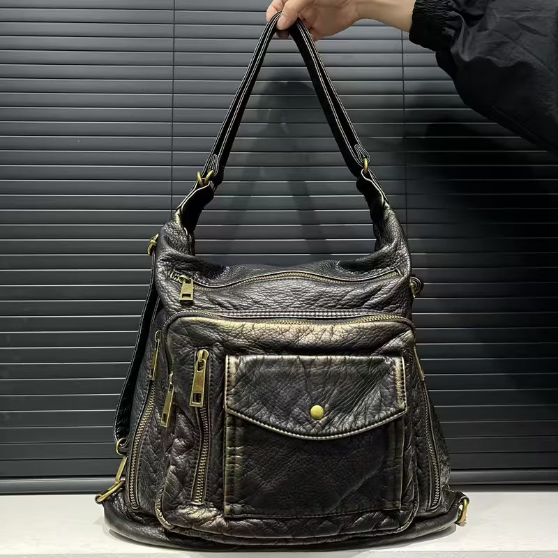 Women's Vintage Handbag with Soft & Multi-Pocket - Large Capacity Crossbody/Backpack Suitable for Casual,, - Adjustable Strap, Zipper Closure, /
