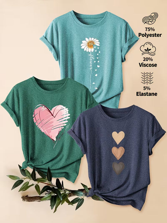 3pcs Women's Vintage-Inspired Graphic Tees - Floral & Heart Print Casual Short Sleeve T-Shirts, Soft Stretch Round Neck Tops for Spring Summer Fall,, Teal & Lavender, Seasonal Fashion, Artistic Design, Lightweight Tee, Printed Top, Style Enthusiasts
