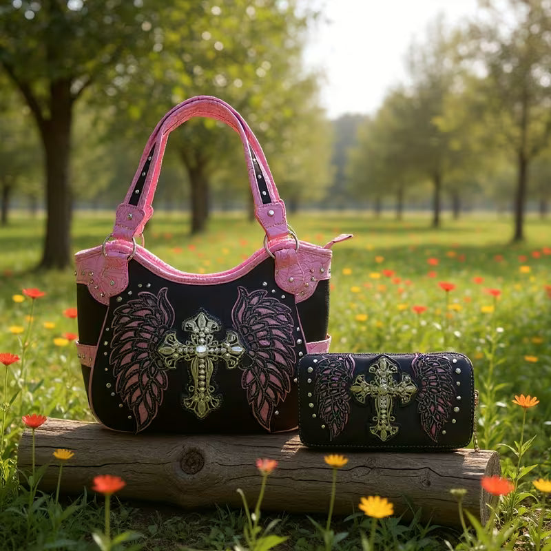Western - Style Women's Handbag Set, Including a Main Bag with Elaborate Cross and Wing Decorations, Along with a Matching Wallet, Ideal for Infusing American Western Charm into Your Daily or Casual Looks
