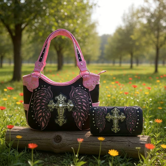 Western - Style Women's Handbag Set, Including a Main Bag with Elaborate Cross and Wing Decorations, Along with a Matching Wallet, Ideal for Infusing American Western Charm into Your Daily or Casual Looks