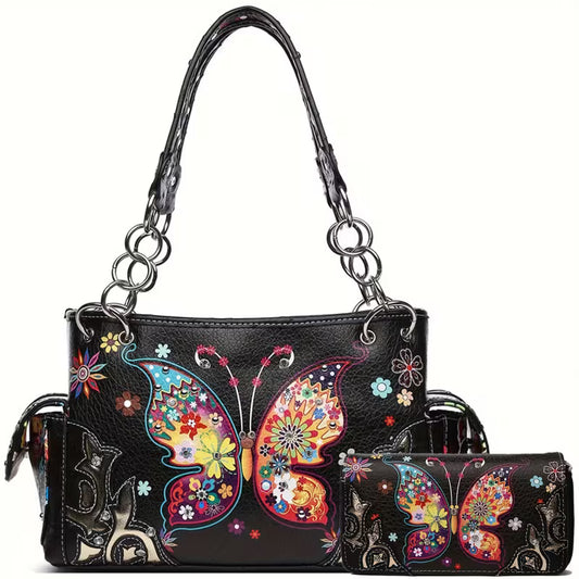 Western Style Butterfly Purse and Wallet Set for Women, Floral Country Handbag, Vintage Spring Fashion Shoulder Bag Set, Everyday Carry Purse