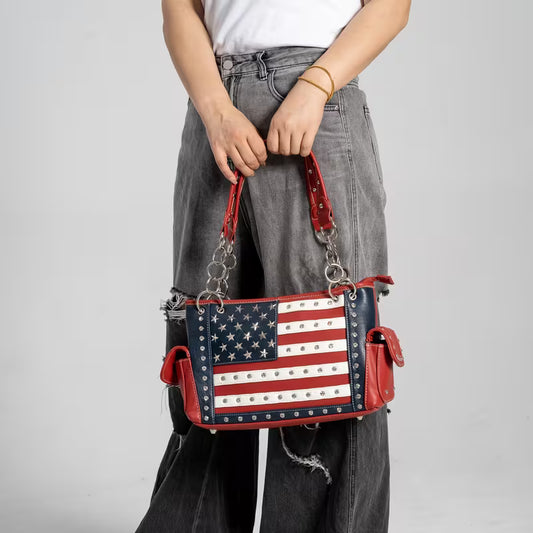American Flag USA Stars And Stripes Patriotic Faux Leather Purse Women Rhinestone Country Handbag Wallet Set Red White And Blue