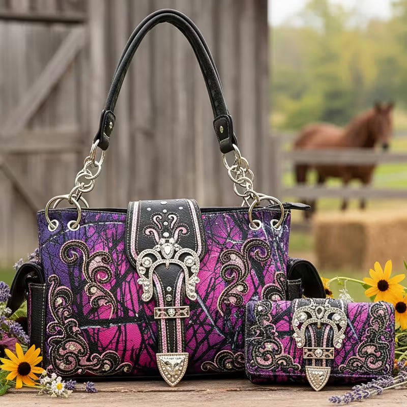 Women Western Style Handbag And Wallet Set, Blue Pink Purple Color Fashion Shoulder Bag With Matching Wallet, Spacious Daily Use Bag Set, Western Charm Style