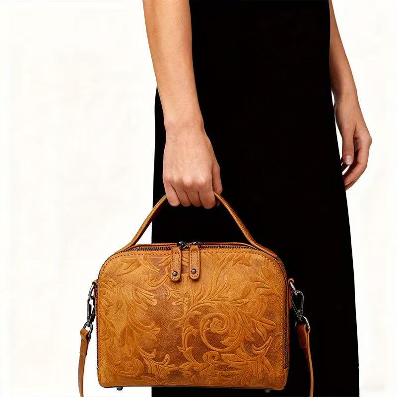 Women Genuine Leather Tote Handbag & Crossbody - Brown Floral Embossed Texture Purses, Large Capacity, Vintage Luxury Designer Shoulder Bags Purse, Multi-Compartment with Wallet, Detachable Strap (Deep Brown/Purple/Black)