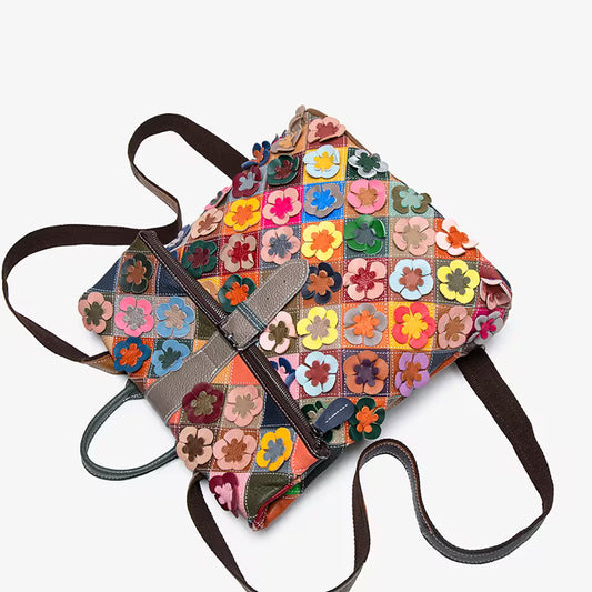 2026 New Handmade Bag, Three-Dimensional Floral Romantic Backpack, Colorful Patchwork Vintage Versatile Backpack for Travel and Daily Use, High-End Rhombusrandom Print Color