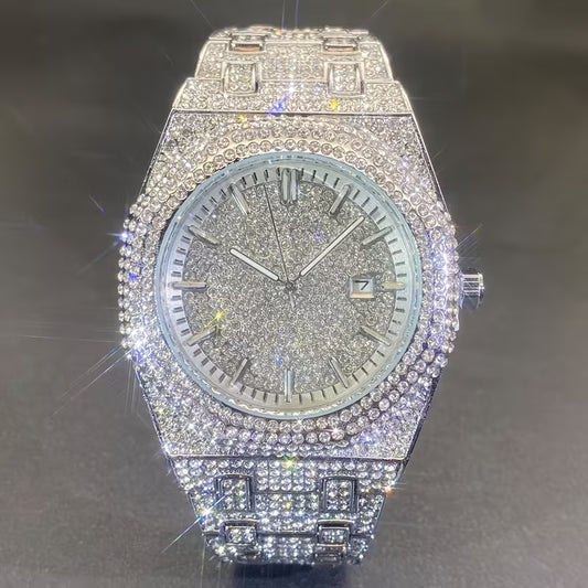 MISS FOX Glam Quartz Watch for Men & Women - Hip Hop Cuban Link, Luminous Calendar with Rhinestone Accents, Alloy Band