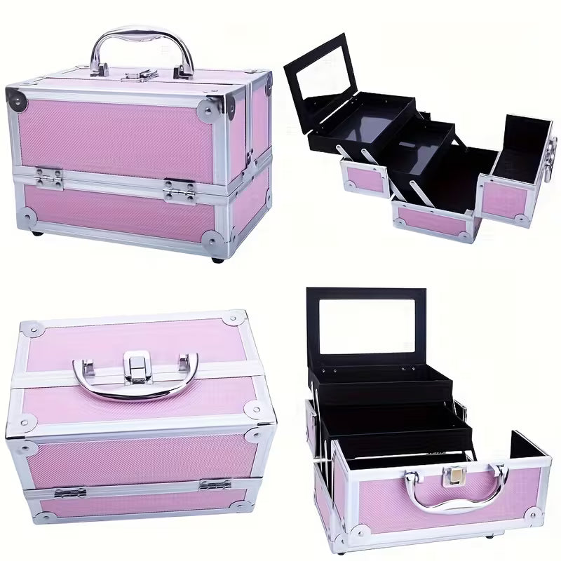 in 1 Aluminum Cosmetic Professional Makeup Case Tattoo Box, Extra Large Cosmetic Case Rolling Makeup Case Trolley Makeup Travel Organizer with 360° Swivel Wheels Pink Black