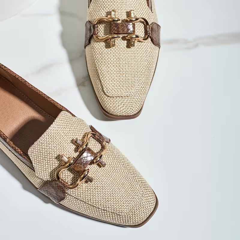 Brown Serpentinite Column Buckle Small Square Head Linen Lightweight Retro Casual Shoe Flat Shoes, Women Shoes