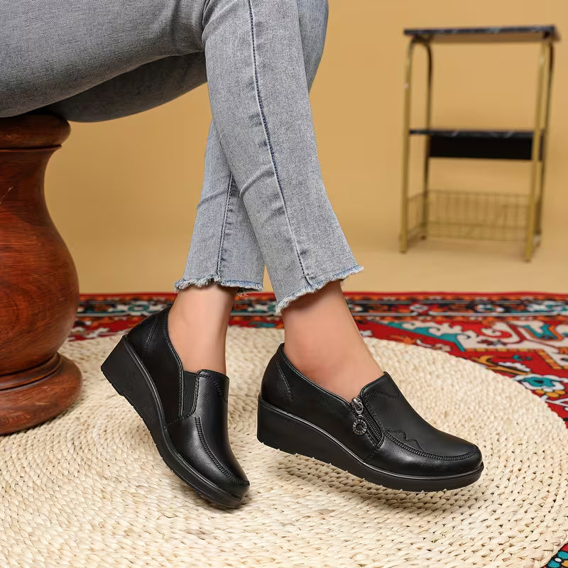 Women's Side Zipper Embroidered Detail - Elegant Loafers - Comfortable Round-Toe Work Shoes, Lightweight PU Sole for All-Season Wear, Casual and Professional Faux Cover Flats, Lightweight Upper with Embroidered Design, Women Shoes