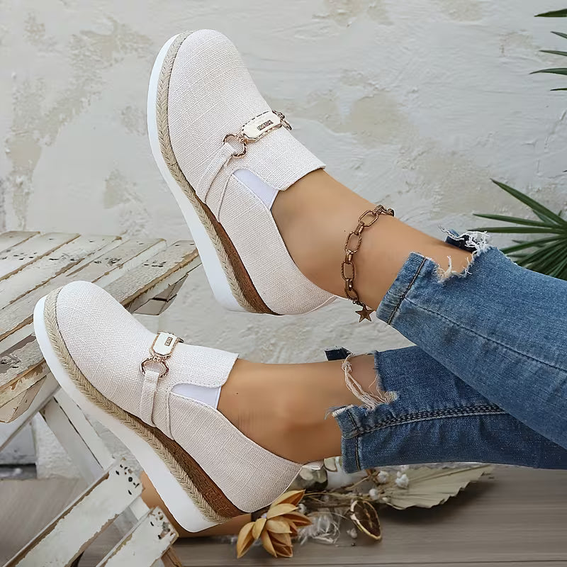 Women's Comfortable and Elegant Wedge Heel Round Toe Loafers with Buckle Decoration, Thick Platform, and Woven Straw Sole, Casual and Versatile Slip-On High Heel Flat Shoes, Women Shoes