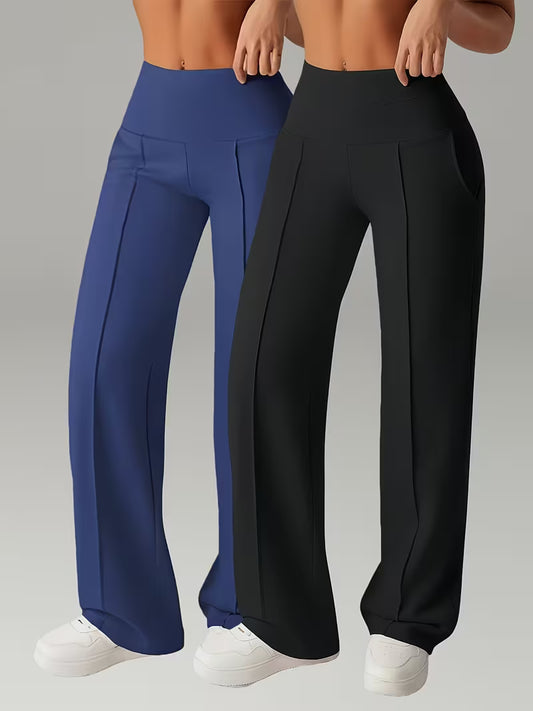2-Pack Women's Flowy Flared Pants, Straight-Leg Wide-Leg Trousers, Casual Quick-Dry Yoga Pants with Pockets, Stretchy High-Waist Athletic Leggings