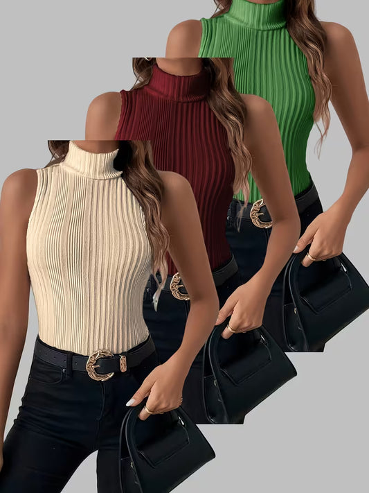 Women's Fashion High Neck Versatile Sleeveless Vest Three-Piece Set