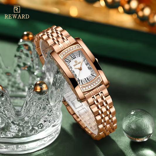 REWARD Women'S Quartz Watch - Japanese Movement, Stainless Steel Band, Glitter Accents, Tonneau Case, Digital Display, Scratch-Resistant Mineral Glass, Elegant Casual Style Wristwatch