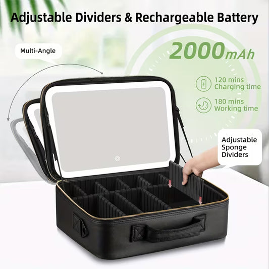 Large Size Travel Makeup Bag with LED Mirror; Featuring Rechargeable Three-Color Lighting Mirror, Adjustable Divider Brush Plate, Long Straps And Luggage Strap, Suitable for Travel, Parties, Business Trips And Other Occasions