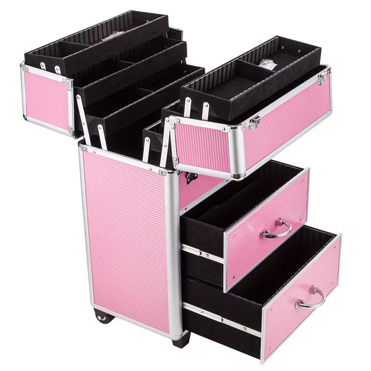 4 Tier Lockable Cosmetic Makeup Train Case with Extendable Trays for Lab Pink
